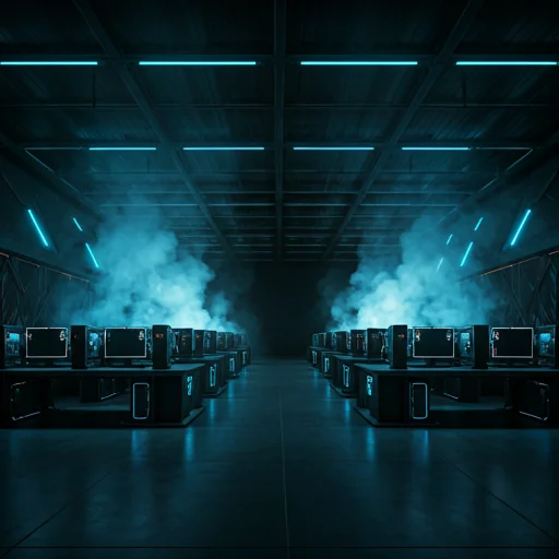 Donkere futuristische esports arena met intens blauw en cyaan neonlicht, rookeffecten en rijen high-end gaming-pc's in een cinematisch totaaloverzicht