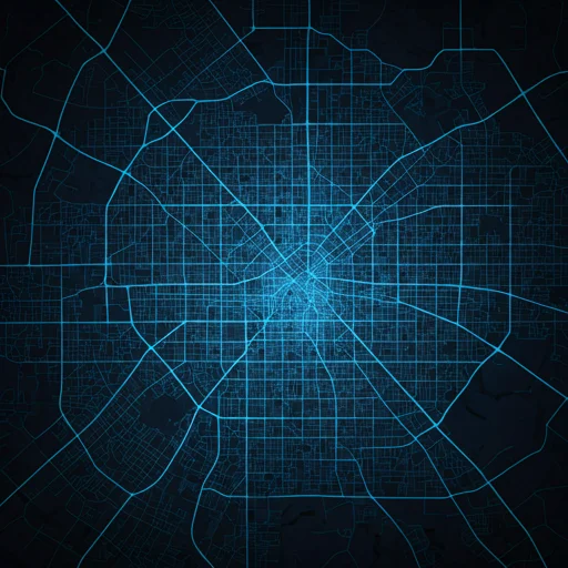 Gestileerde satellietkaart van een stedelijk stadscentrum met gloeiende neonblauwe highlights op hoofdwegen en tech-gebouwen