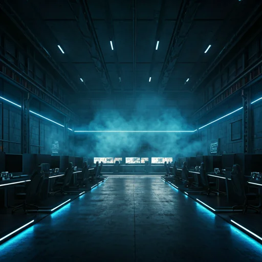 Futuristisch esports arena-interieur met blauw neonlicht, high-tech gamingstations en cinematische sfeerverlichting in een donkere industriële setting
