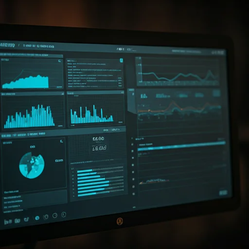 Detailopname van een beeldscherm met complexe esports-telemetriedata, heatmaps van spelerbewegingen en kill/death-ratio-grafieken in cyaan en oranje