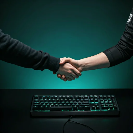 Twee professionele esports-spelers schudden de hand boven een verlicht gamingtoetsenbord, geconcentreerde sfeer met blauwgroene omgevingsverlichting